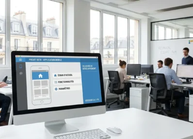 Interface d'application mobile en cours de développement dans un bureau professionnel