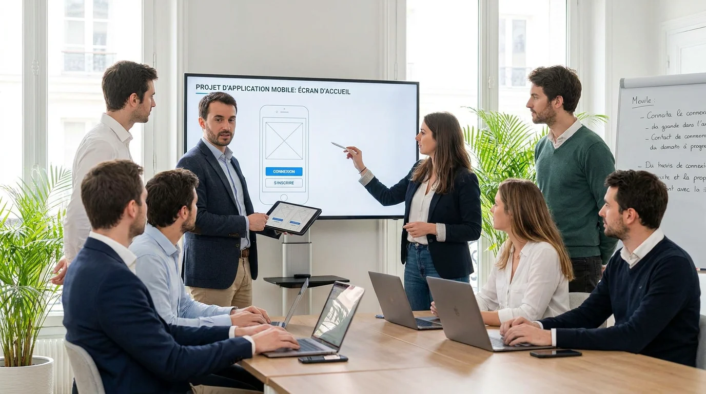 Équipe de développement travaillant sur une maquette d'application mobile en France
